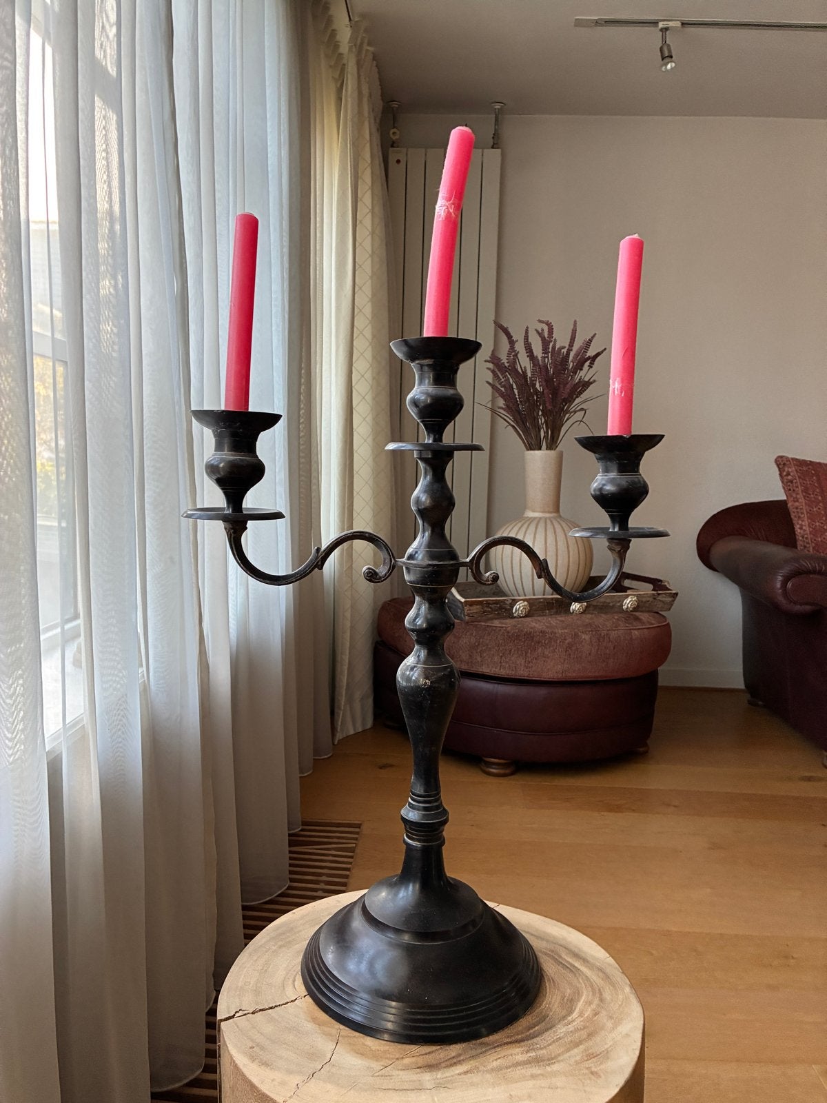 Antieke bronzen kandelaar met drie armen, Ophalen, Koper of Brons