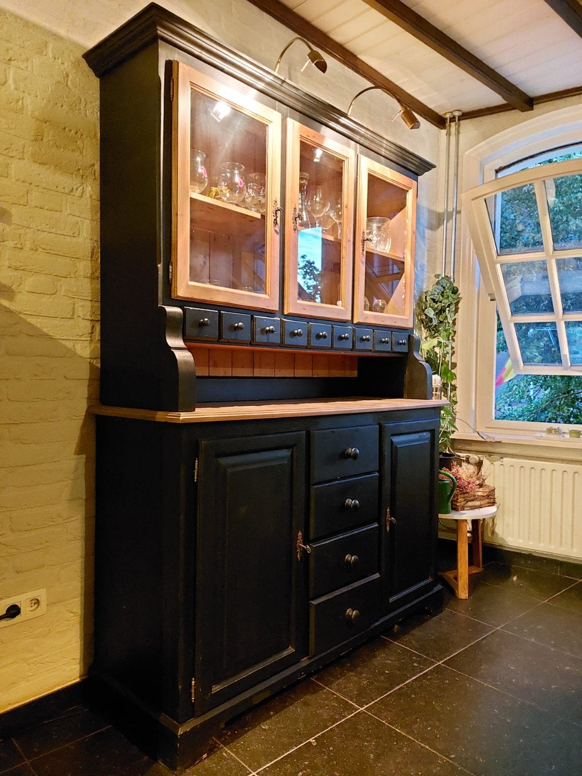 Buffetkast/grutterskast/apothekerskast met vitrine en lades, Ophalen, 200 cm of meer, 150 tot 200 cm, Zo goed als nieuw