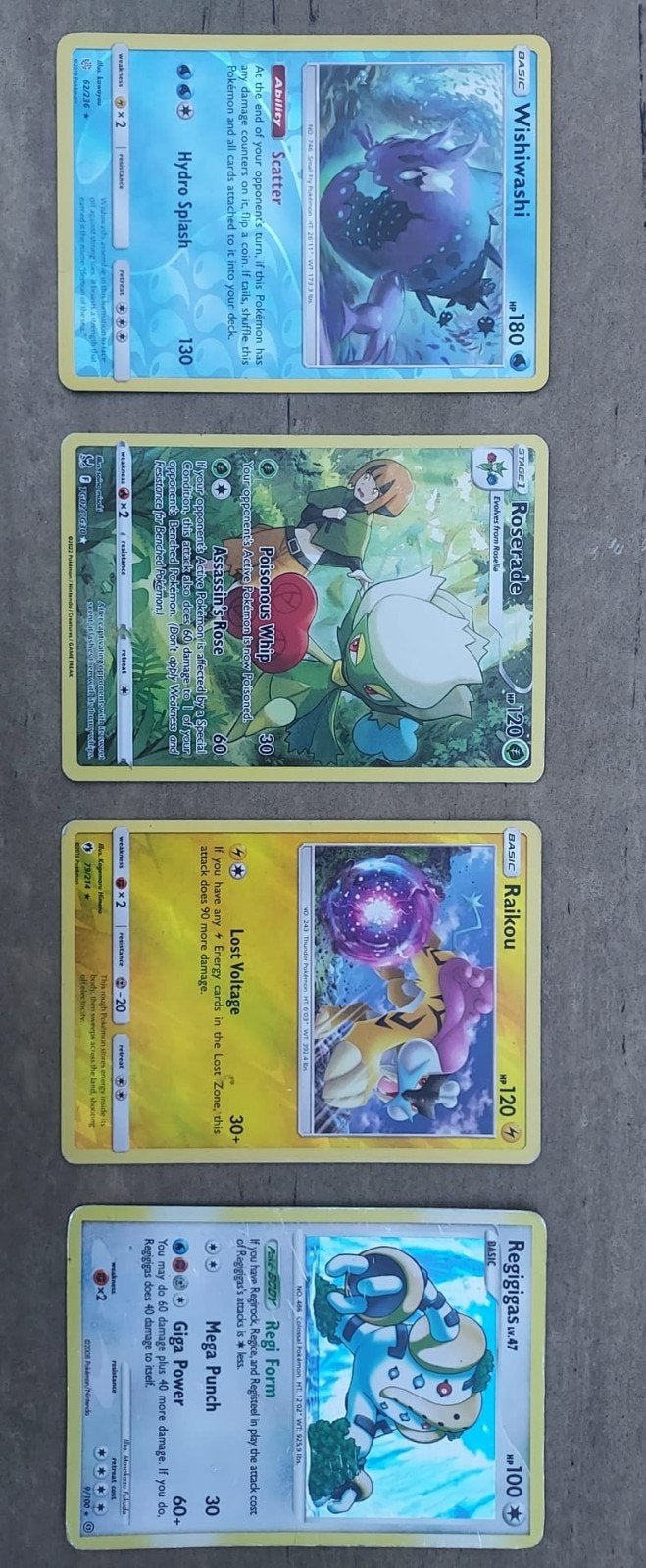 Pokémon kaarten: Raikou, Regigigas, Wishiwashi, Roserade, Ophalen, Gebruikt, Meerdere kaarten