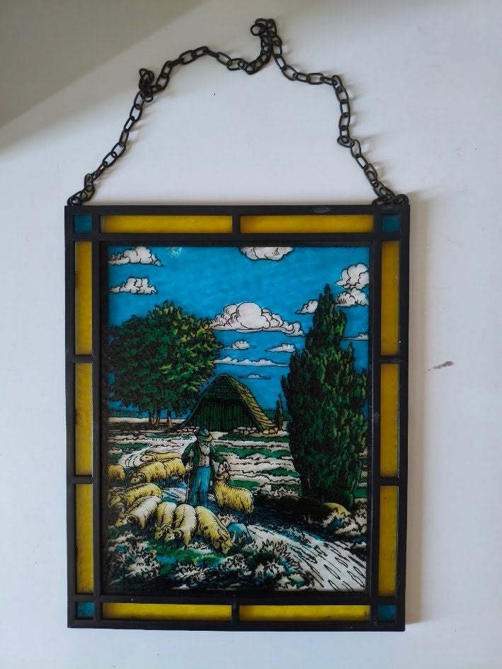 Glas in lood raamhanger ‘’Schaapherder met zijn kudde’’, Antiek en Kunst, Antiek | Glas en Kristal, Ophalen of Verzenden