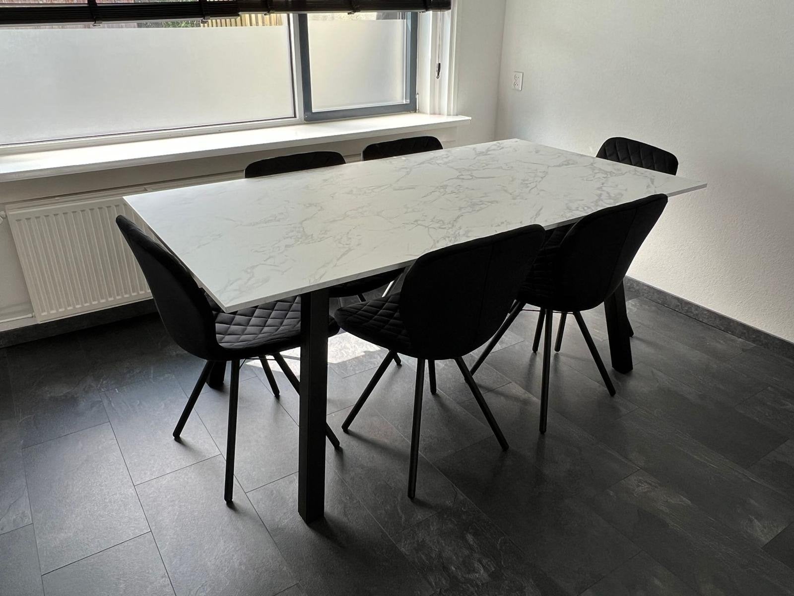 Moderne eettafel met marmerlook en 6 stoelen, Ophalen, Overige materialen, 100 tot 150 cm, 50 tot 100 cm