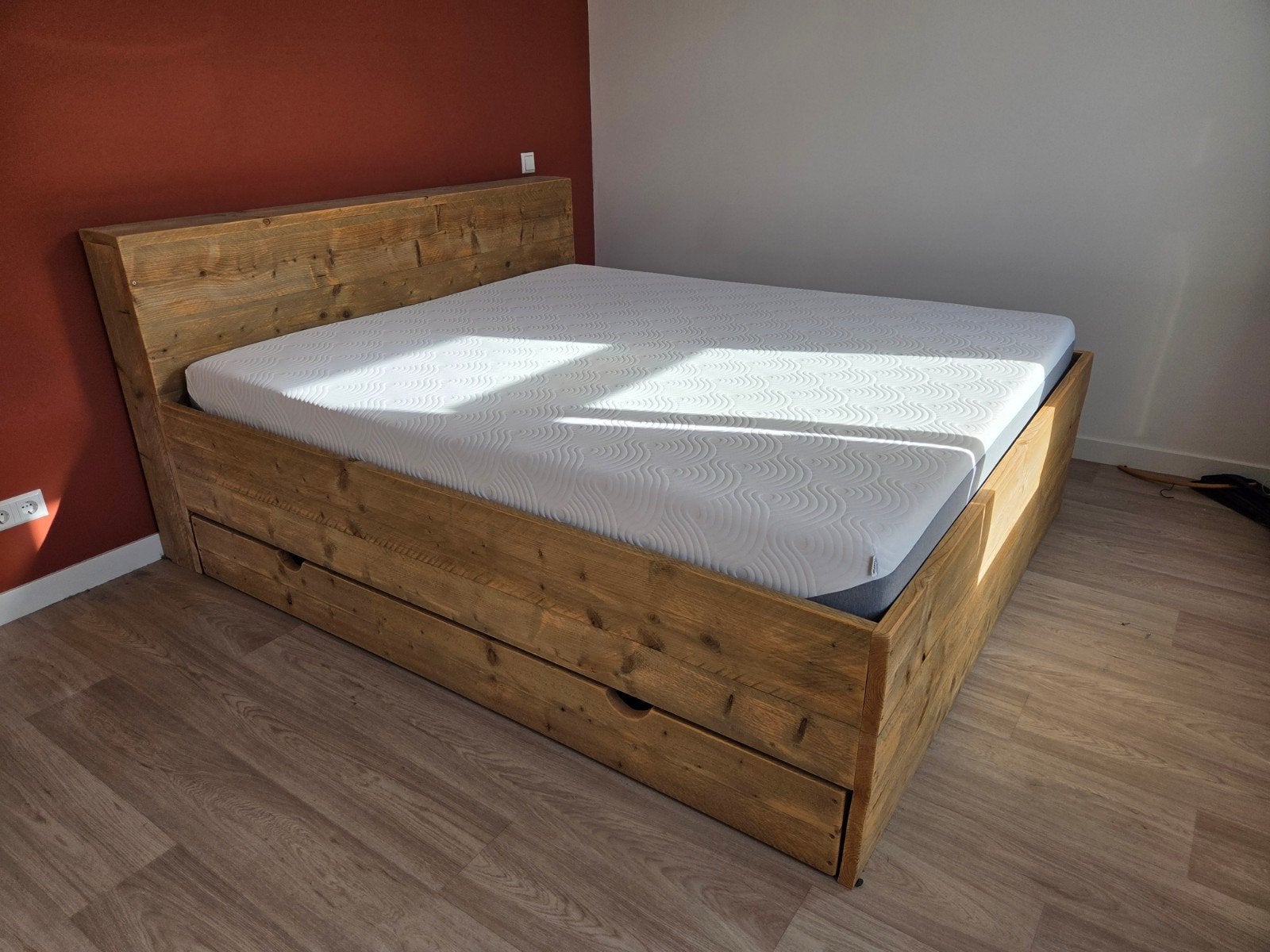 Tweepersoons bed steigerhout, Ophalen, Gebruikt, Bruin, Steigerhout