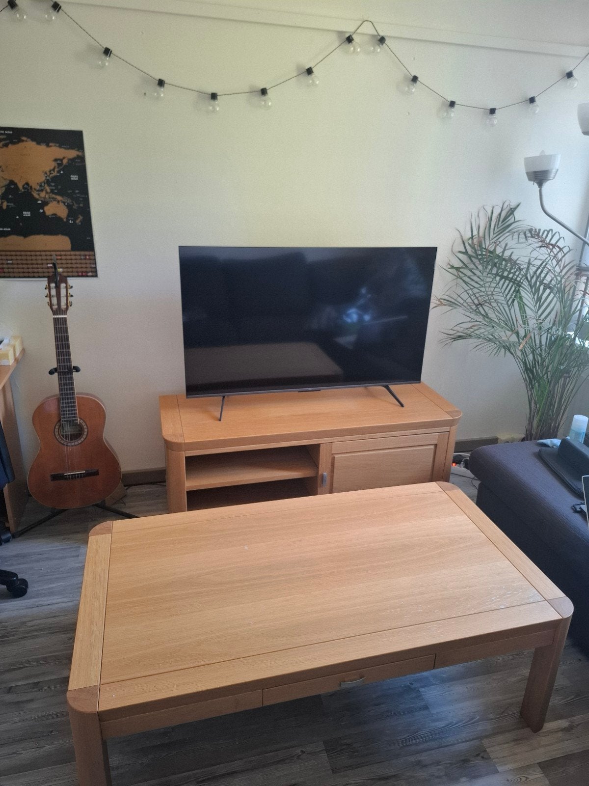 TV-meubel en Salontafel set eikenhout, Ophalen, 100 tot 150 cm, Eikenhout, Zo goed als nieuw