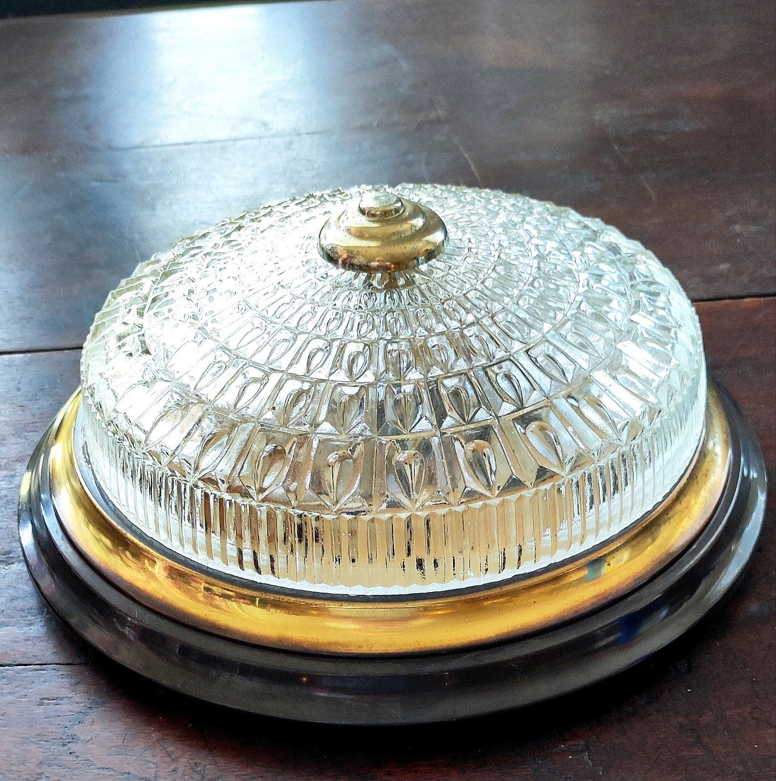 Vintage Plafonnière met 2 Fittingen - Glas en Messing, Ophalen