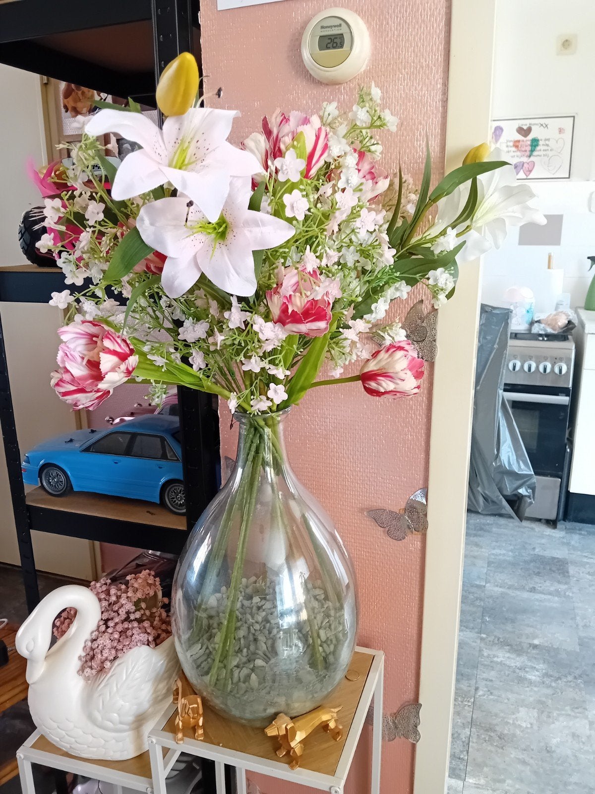 Mooie grote vaas met nepbloemen, Ophalen, Transparant, Inclusief decoratie, Glas
