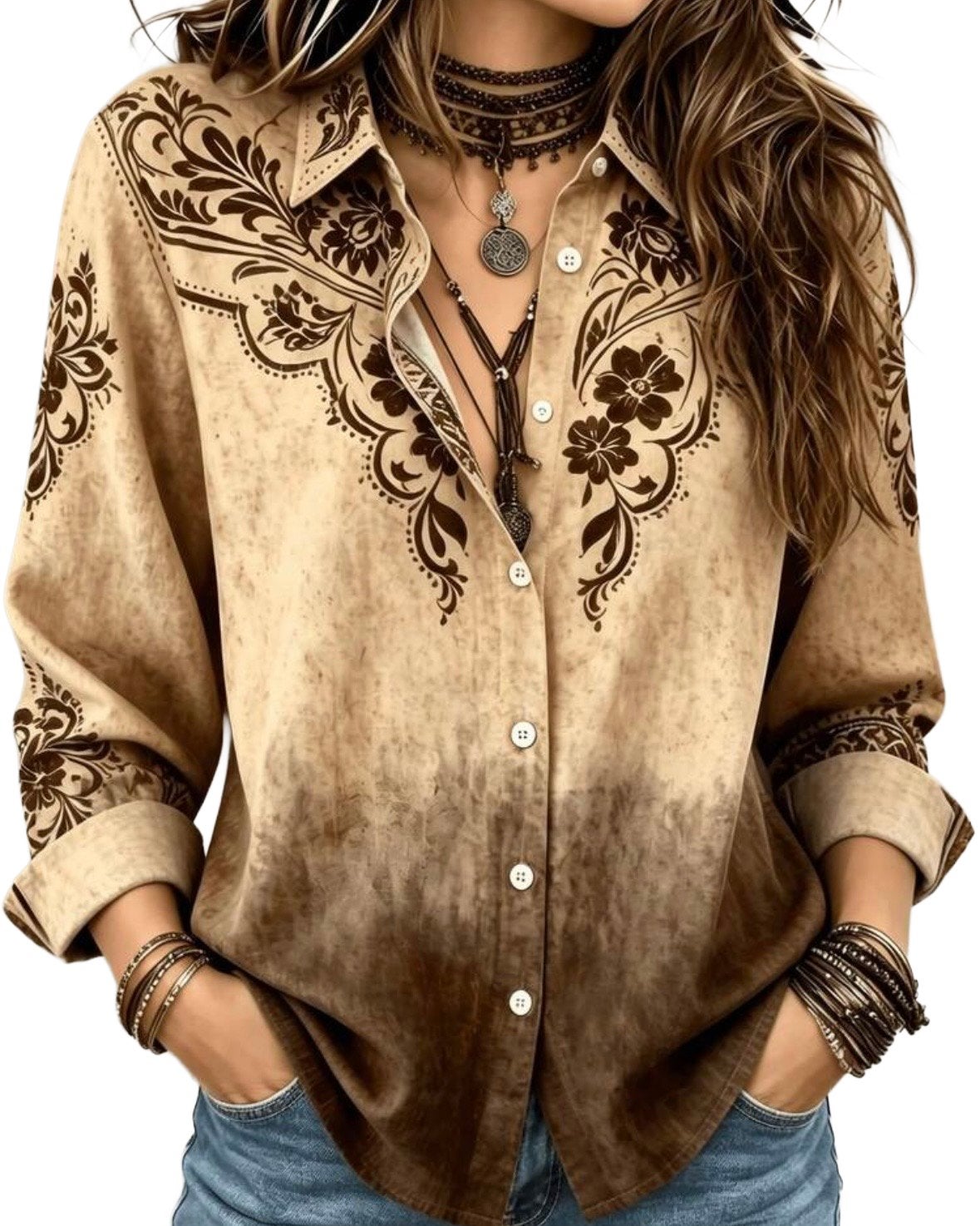 Vintage Boho Blouse met Bloemenprint (44-52), Verzenden, Nieuw, Bruin, Blouse of Tuniek