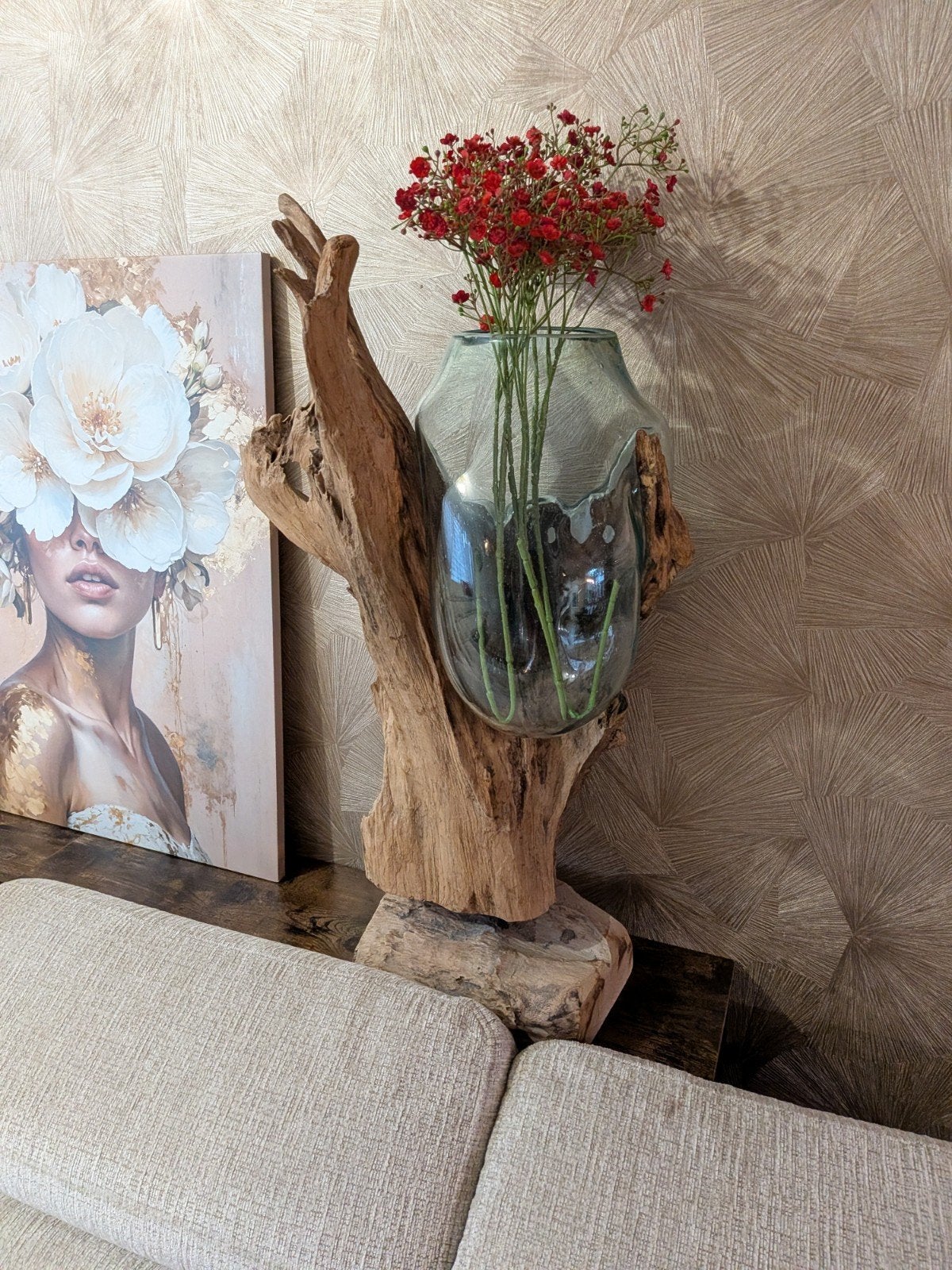 Unieke Teakhouten Vaas met Glas - Handgemaakt Decoratiestuk, Ophalen, Zo goed als nieuw, Overige kleuren, Overige materialen