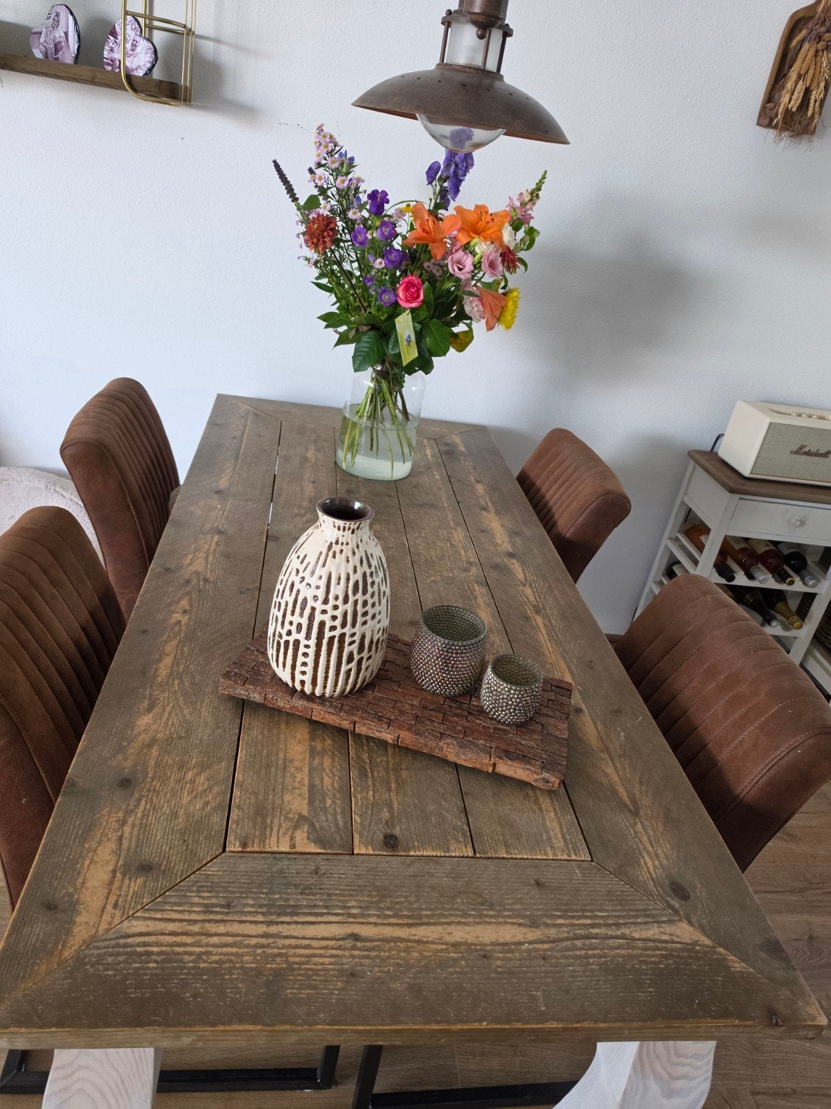 Eethoek: Jorg steigerhouten tafel met Zitmaxx stoelen, Gebruikt, 50 tot 100 cm, 150 tot 200 cm, Vier personen