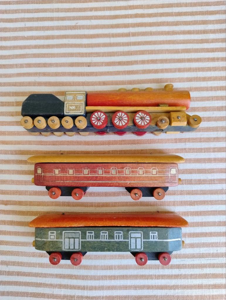 Prachtig! Vintage Tofa trein 3-delig hout 1950, Antiek en Kunst, Ophalen of Verzenden
