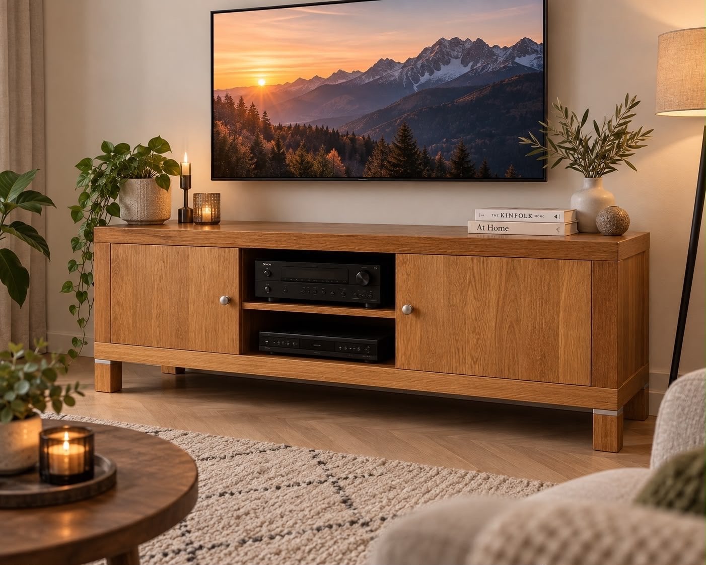 Eikenhouten tv-meubel met twee deuren, 160x55x60cm, Ophalen, 150 tot 200 cm, Eikenhout, Zo goed als nieuw