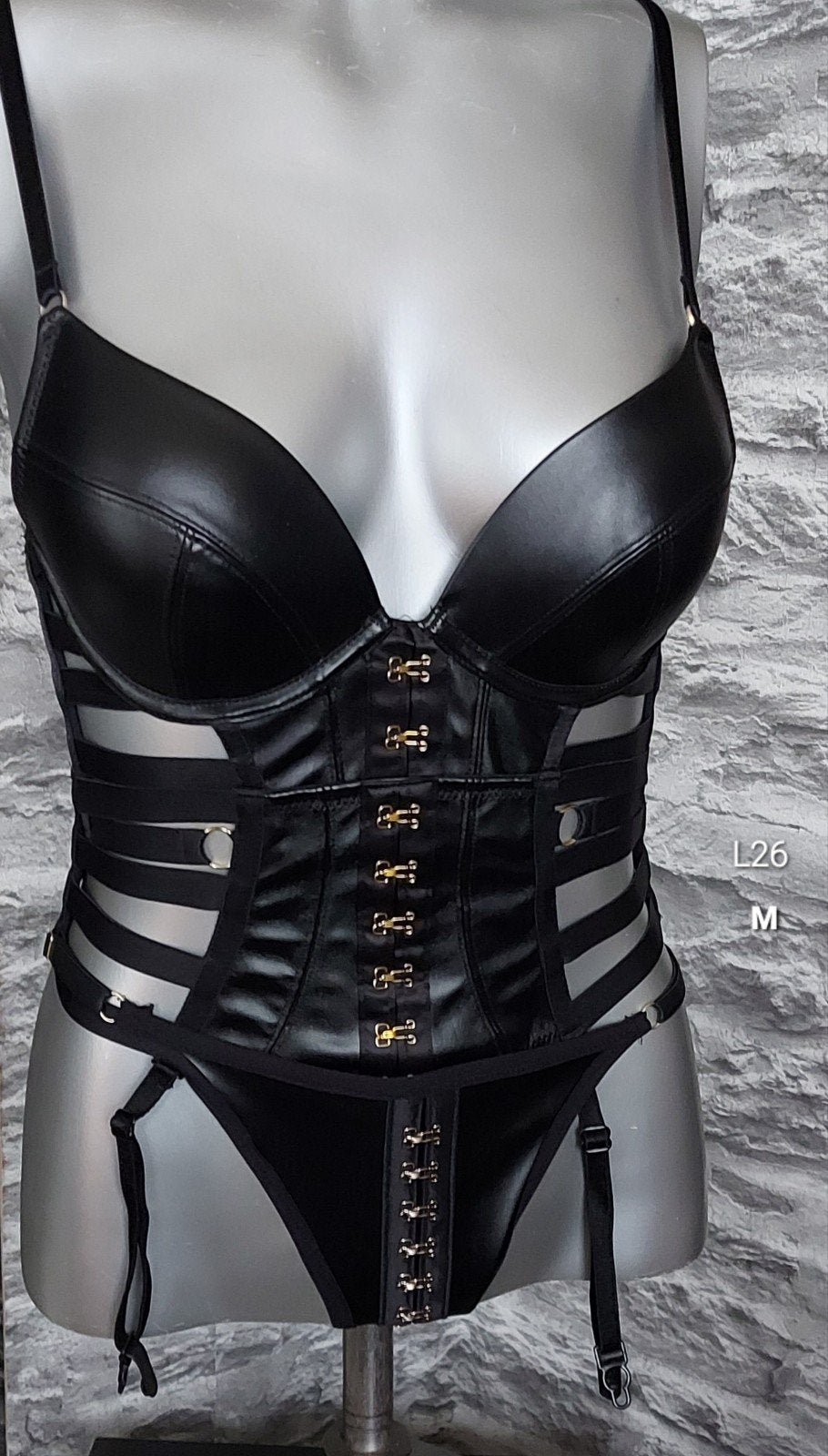 Kinky Zwart Leren Set met Jarretels en String, Onbekend, Ophalen of Verzenden, Zwart, Setje
