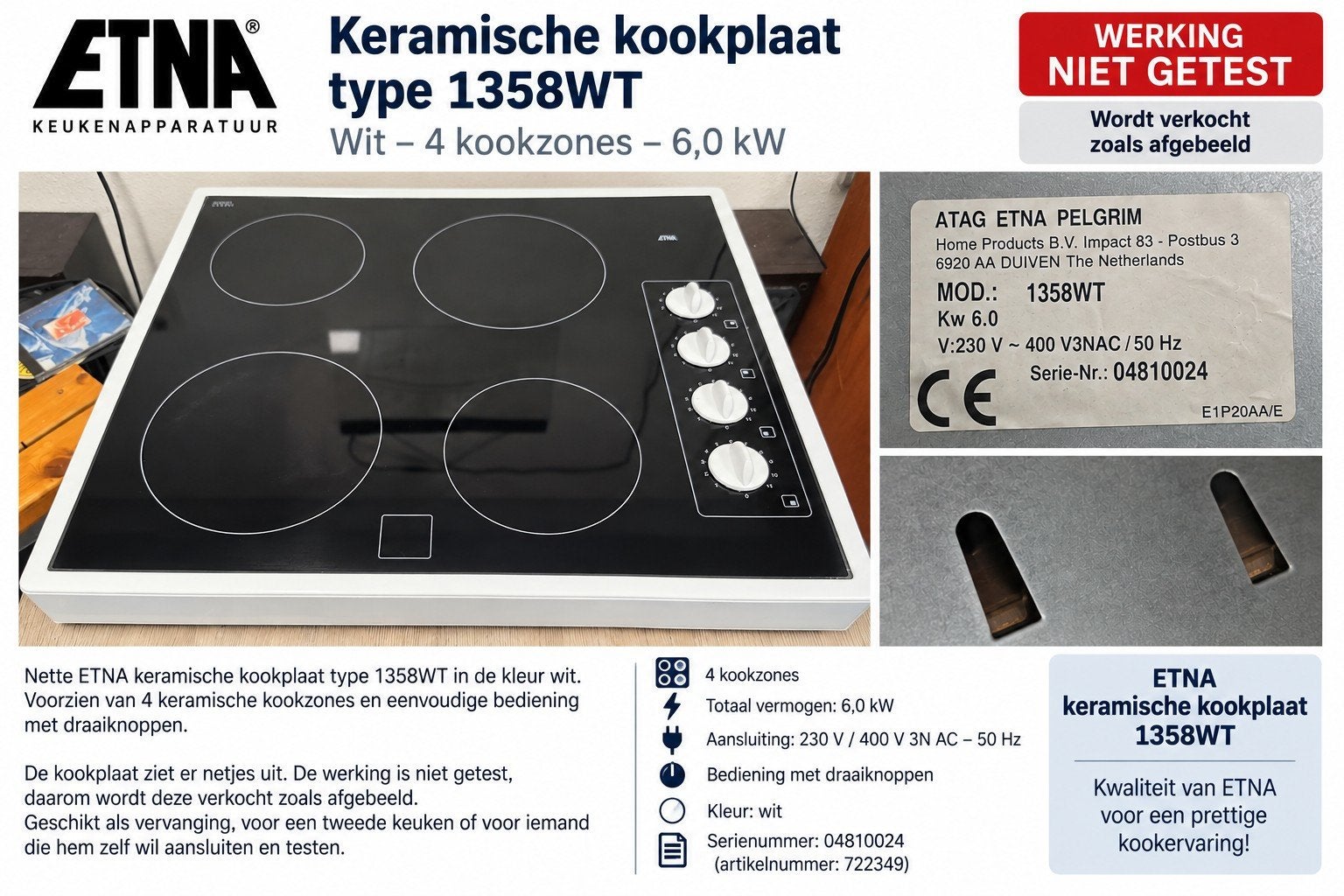 ETNA / ATAG / Pelgrim keramische kookplaat type 1358WT, Ophalen, Gebruikt, Info@etna.nl, Keramisch