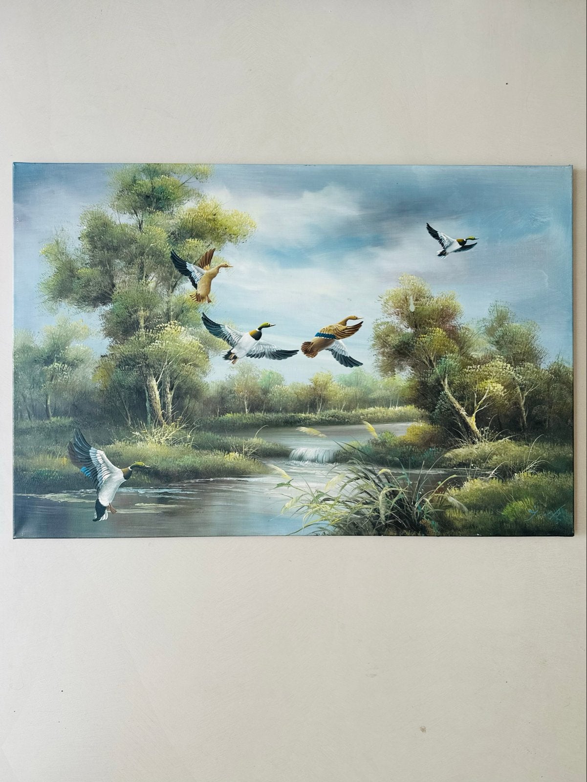 Olieverfschilderij met vliegende eenden rivier – 60 x 90 cm, Ophalen of Verzenden