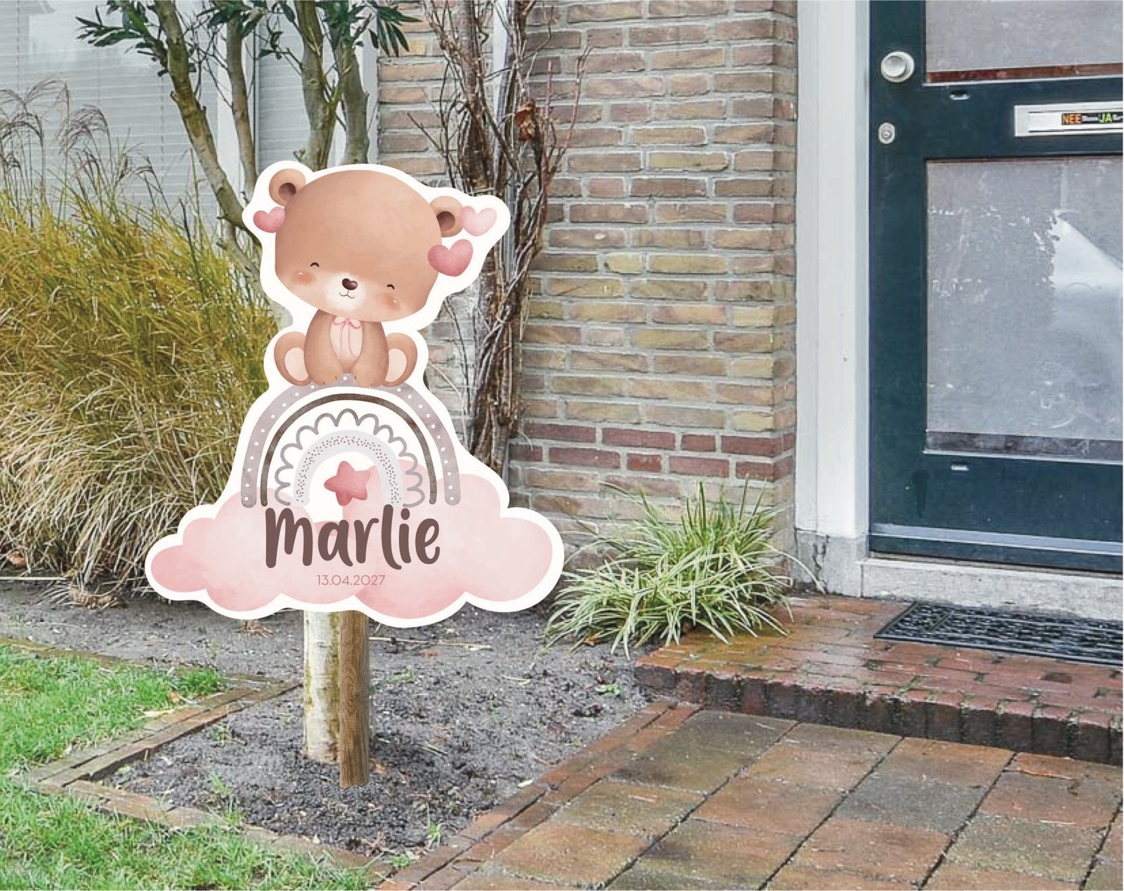 Geboortebord, Raambord of Raamsticker met naam en beertje, Verzenden, Nieuw, Geboortebord