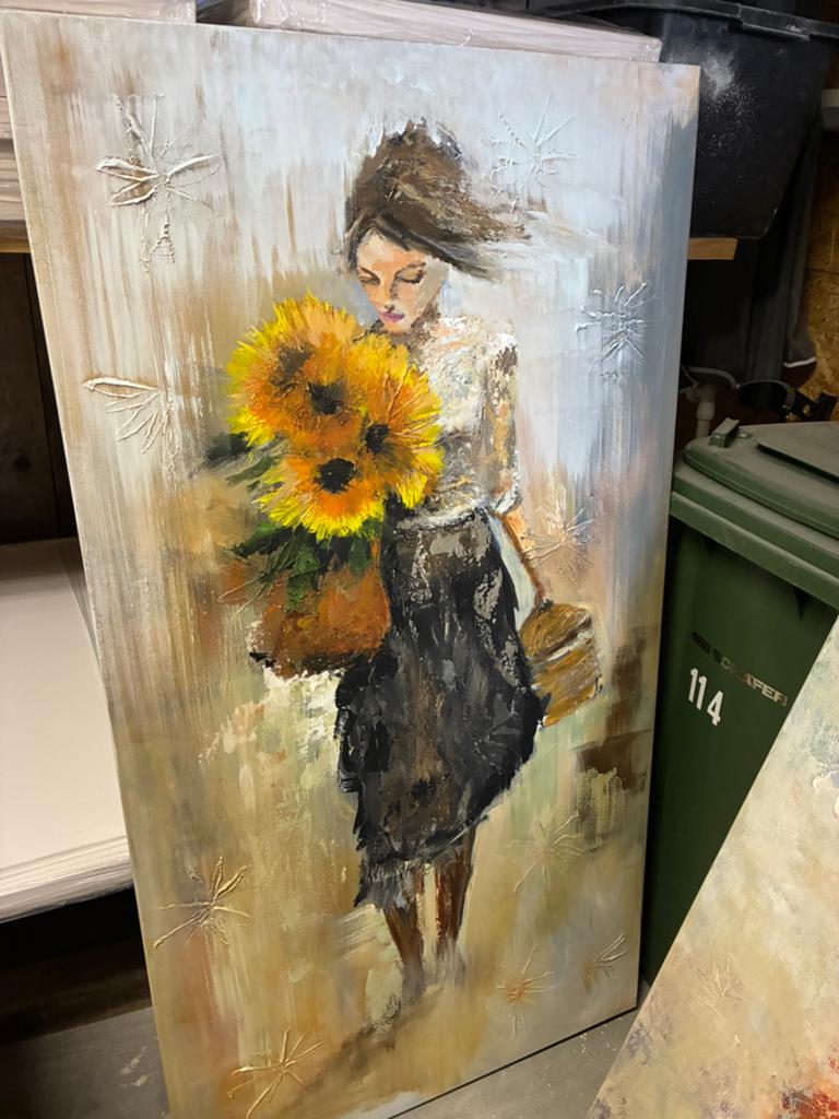 Schilderij Vrouw met Zonnebloemen - 80x150 cm, Ophalen