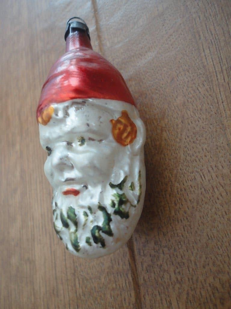 Mooie oude glazen kerstbal hoofd Kerstman c.q. kabouter, Ophalen of Verzenden, Gebruikt