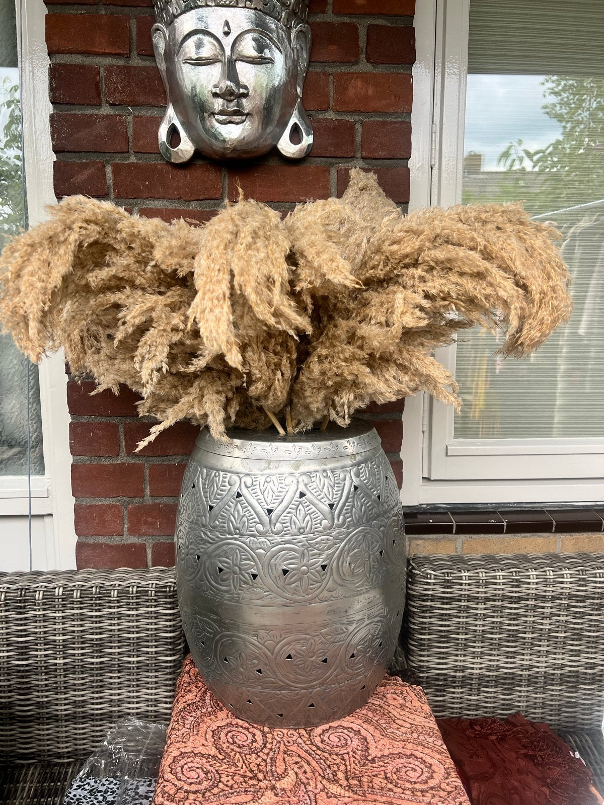 Grote bos pampasgras in zilveren vaas, Ophalen, Boho, Zo goed als nieuw, Metaal