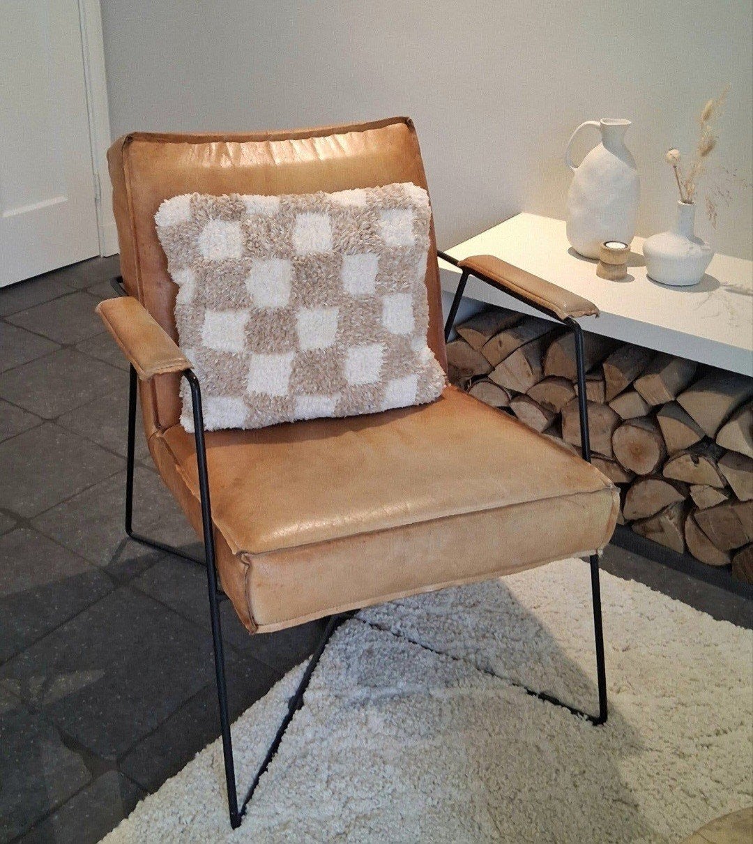 Leren fauteuil met metalen frame - Vintage look, Gebruikt, Ophalen of Verzenden, Leer, 50 tot 75 cm