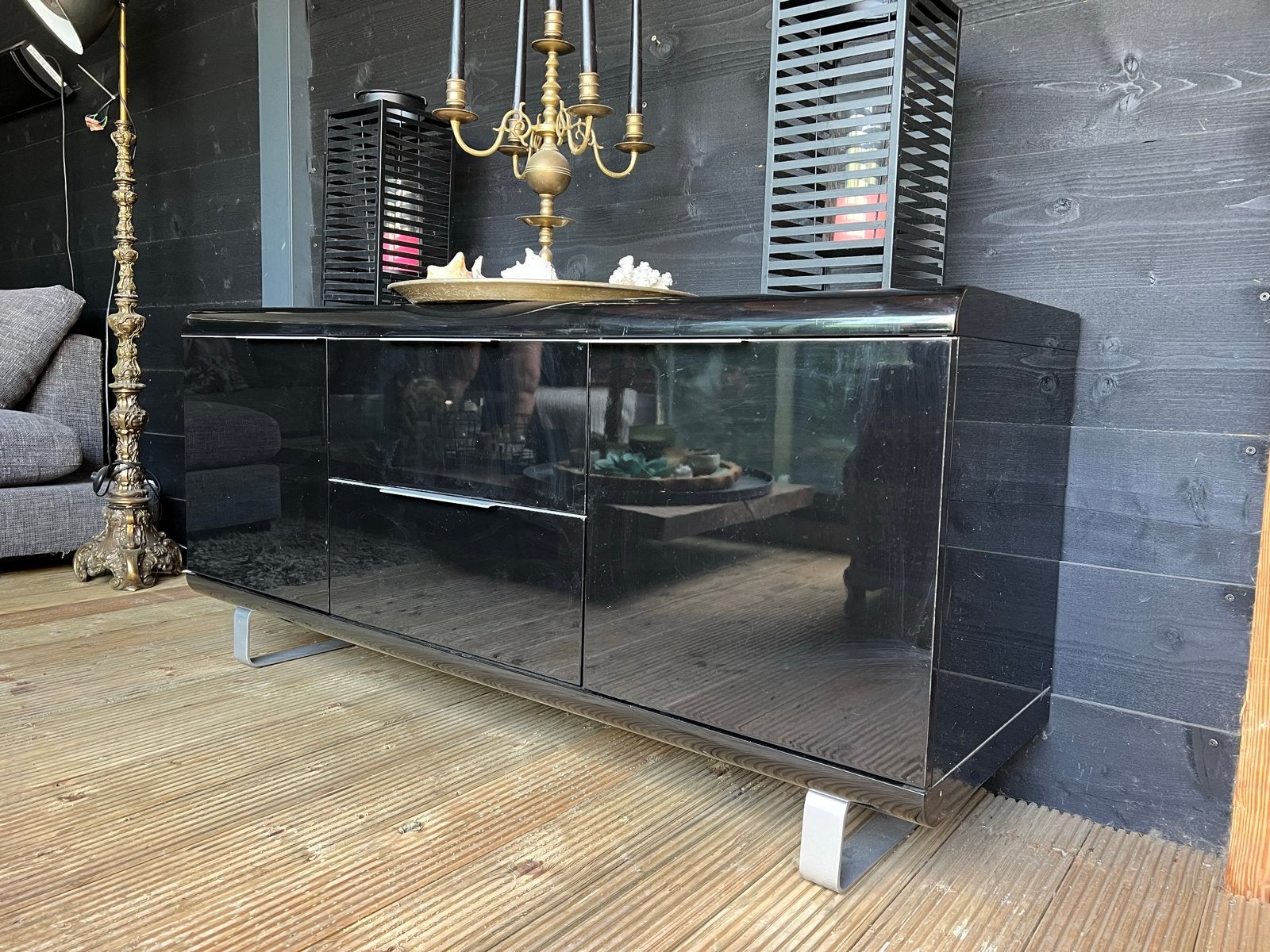 Zwart hoogglans dressoir met lades en deuren, Ophalen, Overige materialen, Gebruikt, 150 tot 200 cm