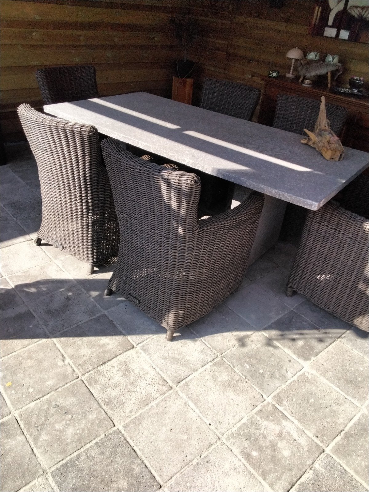 Robuuste tuinset met 6 comfortabele rieten stoelen, Ophalen, Rotan, 6 zitplaatsen, Zo goed als nieuw