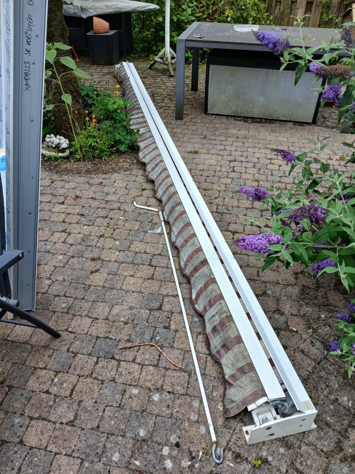 Gebruikt uitvalscherm/zonnewering 500cm met handbediening, Ophalen, Gebruikt, 250 cm tot 450 cm, Uitvalscherm