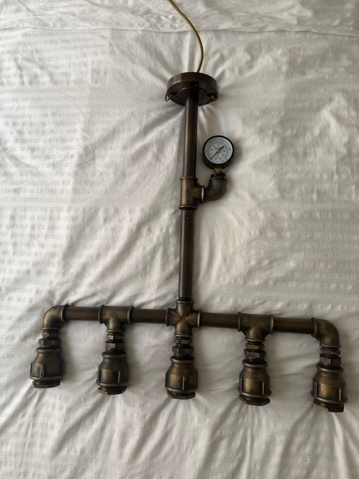 Industriële hanglamp van buizen met manometer, Ophalen, Zo goed als nieuw, Metaal, Overige fittingen