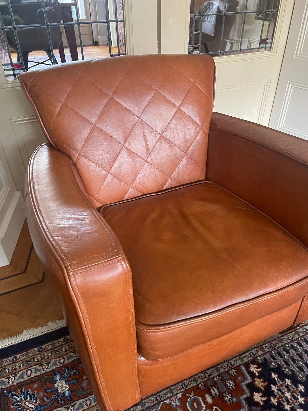 Leren fauteuil - cognac - 78x80x80 cm, Ophalen of Verzenden, Gebruikt, Leer, 75 tot 100 cm