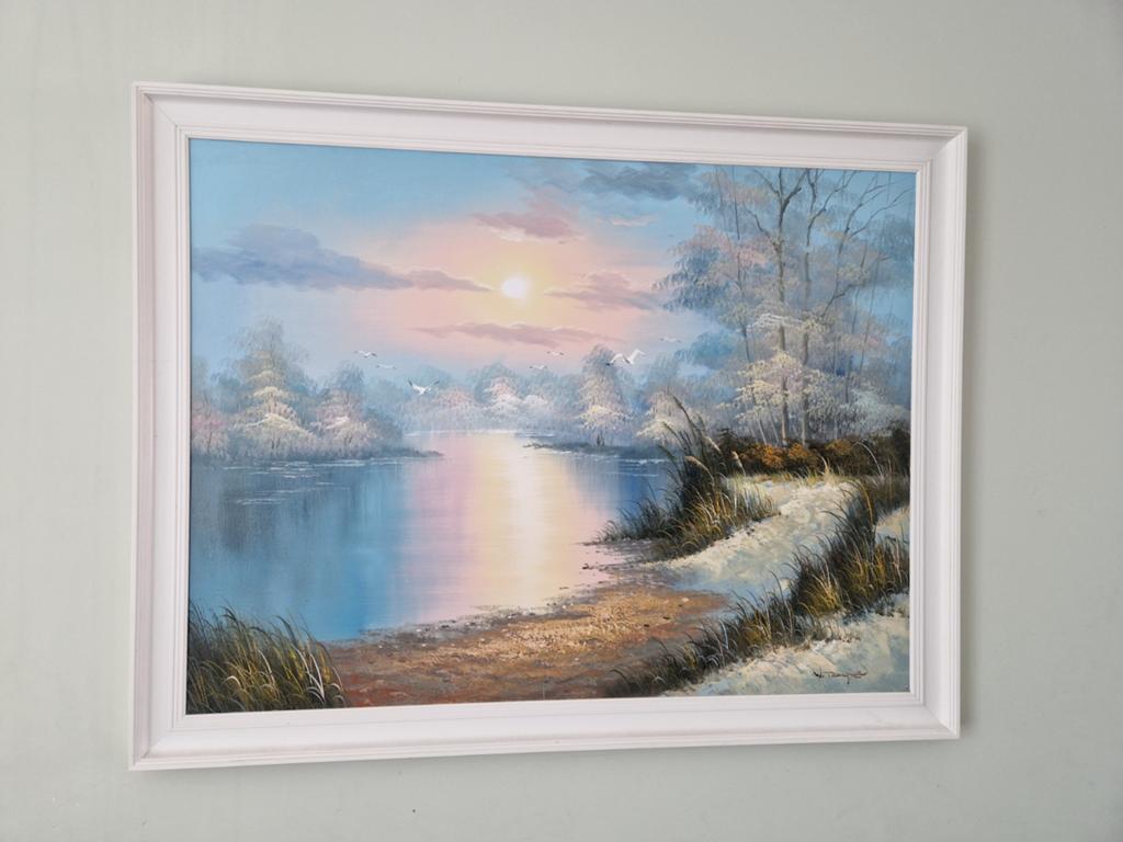 Schilderij Winterlandschap Zonsondergang met Lijst, Ophalen
