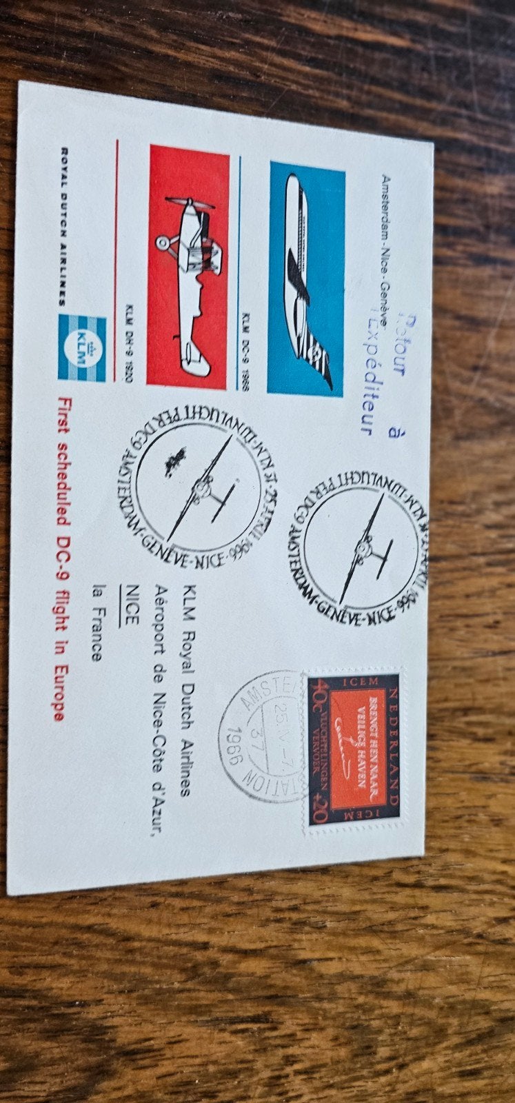 Envelop 1e vlucht DC-9 KLM 1966 Amsterdam-Nice-Genève, Verzenden, Envelop