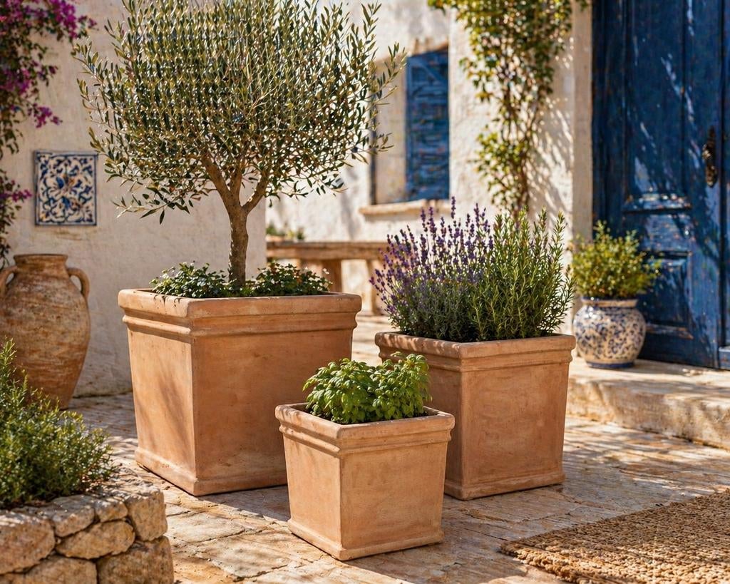 Vierkante terracotta potten m -terra serie ook als 3 delig, Tuin en Terras, Bloempotten, Ophalen, Vierkant, Nieuw, Balkon