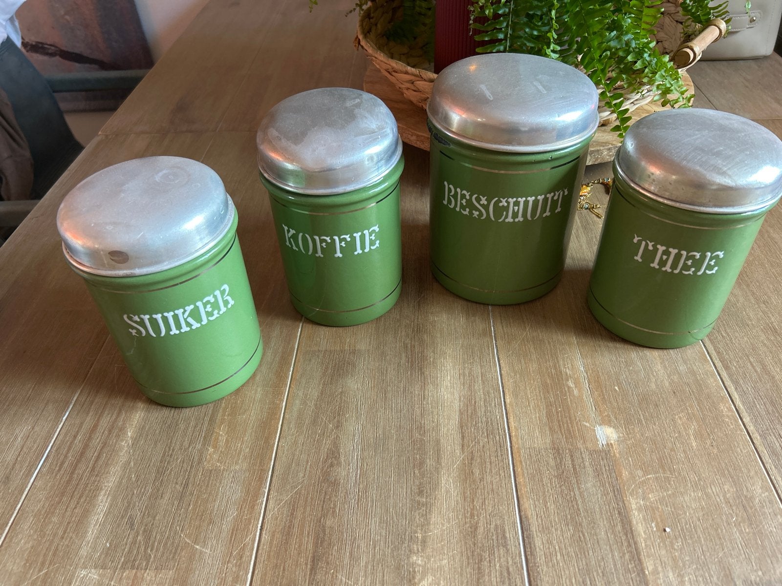 Vintage voorraadpotten set - Suiker, Koffie, Beschuit, Thee, Ophalen