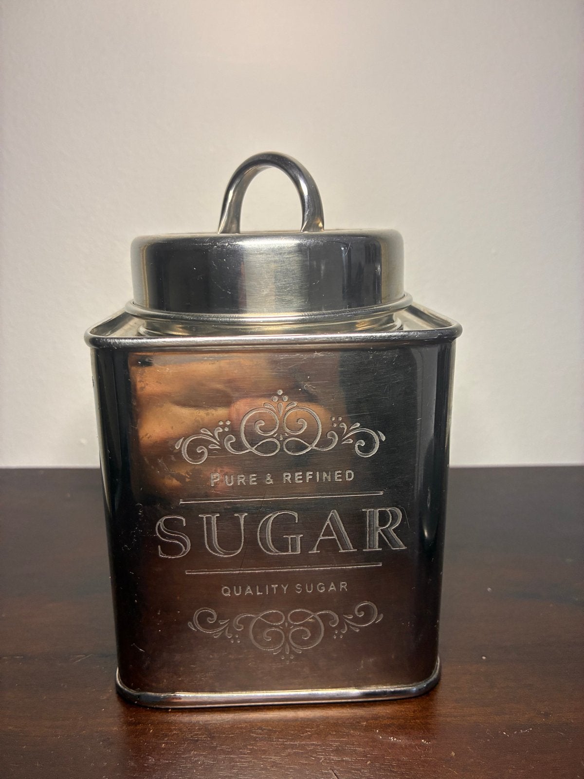 Metalen voorraadpot 'SUGAR' - Vintage stijl, Gebruikt, Zilver, Ophalen of Verzenden, Voorraadpot