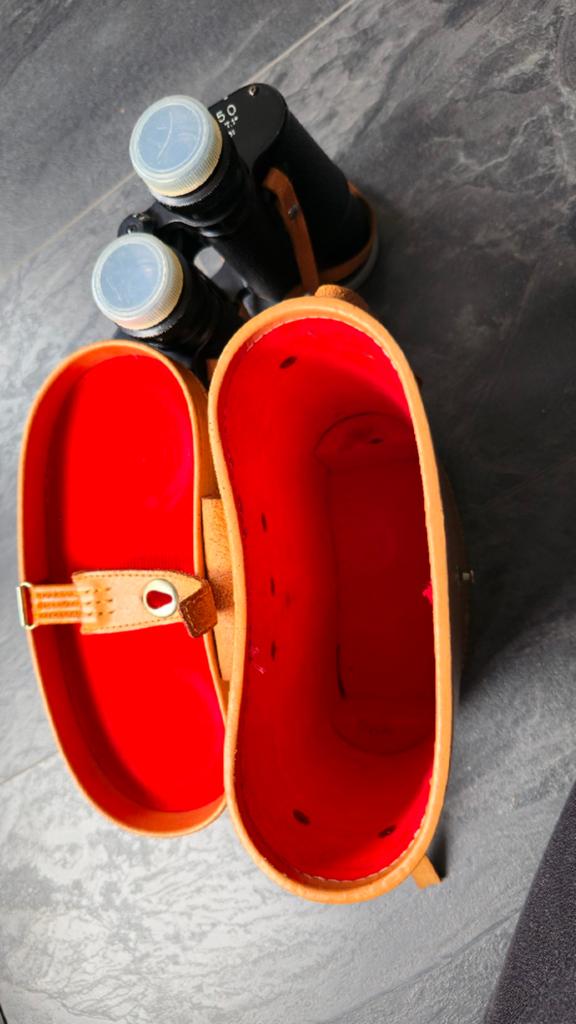 Vintage verrekijker 7x50 ALPINA met leren tas – helder beeld, Ophalen of Verzenden, 8 tot 12x