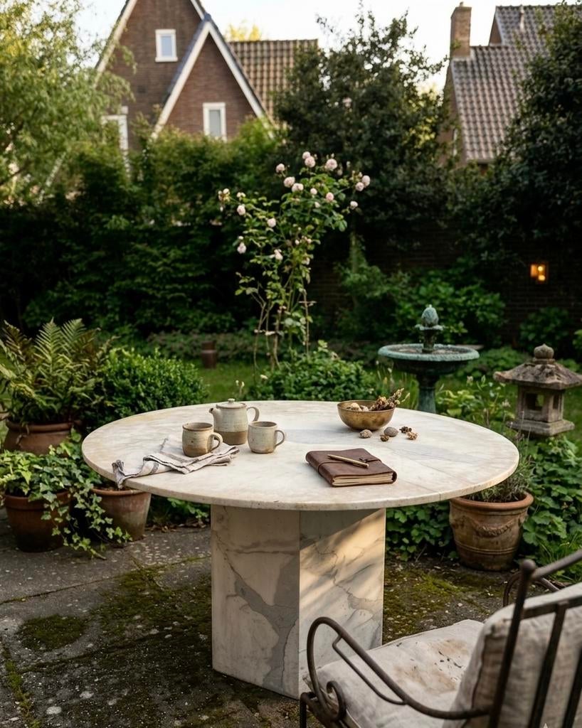 Marmeren tafel met marmeren poot, Tuin en Terras, Ophalen, Gebruikt
