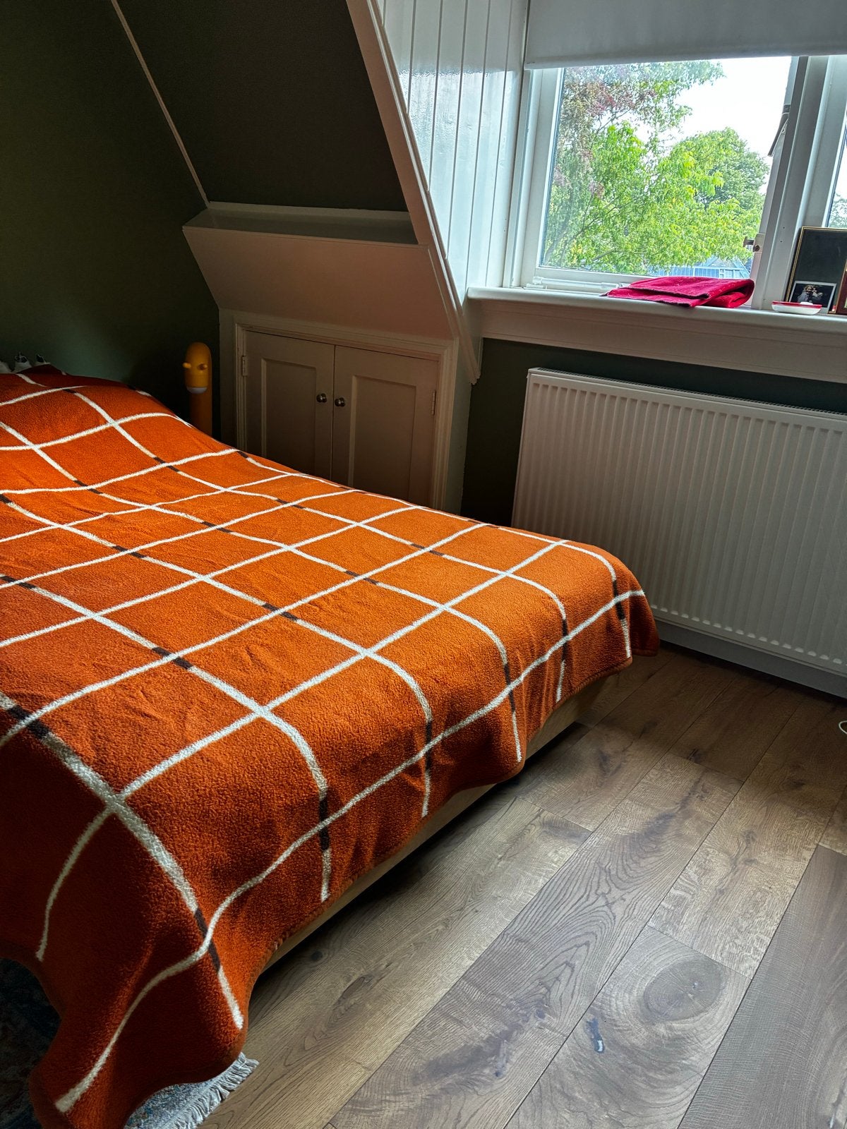 Vintage oranje deken met ruitpatroon, Gebruikt, Oranje, Ophalen of Verzenden, Deken of Dekbed