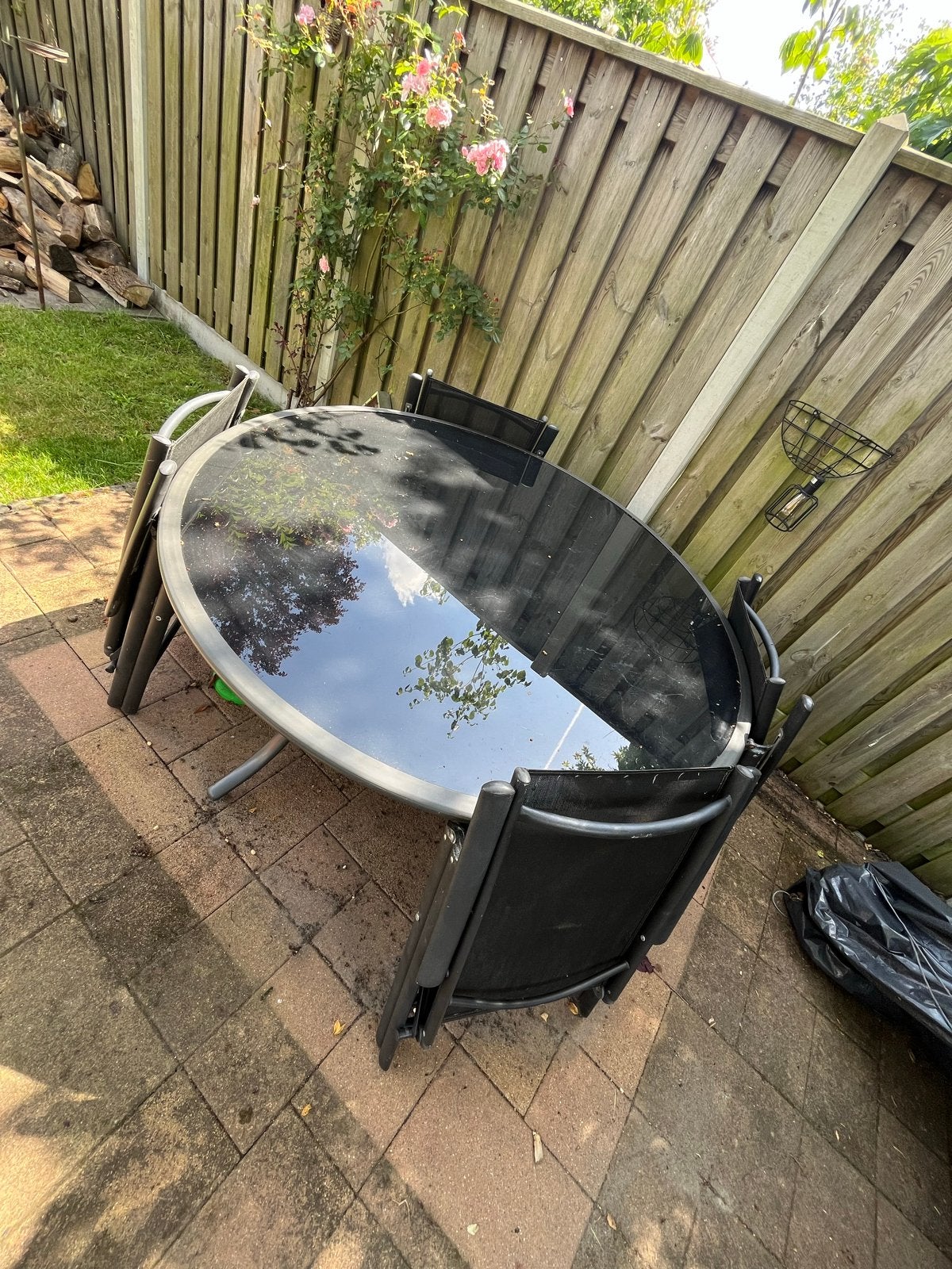 Ronde tuintafel met glazen blad - Diameter 150, Ophalen, Gebruikt, Rond, Metaal