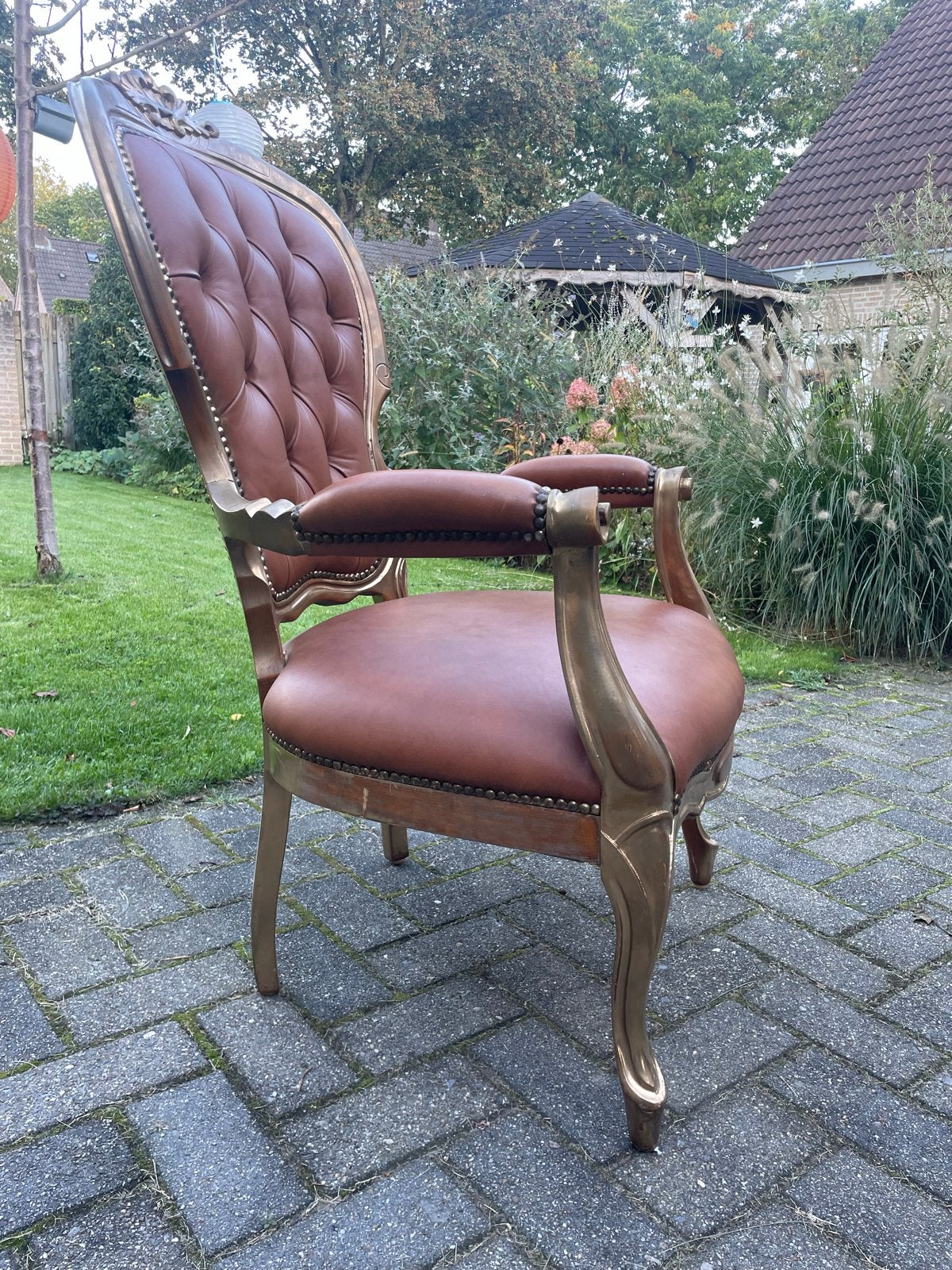 Luxe Barok Fauteuil - Goudkleurig met Bruin Leer, Ophalen