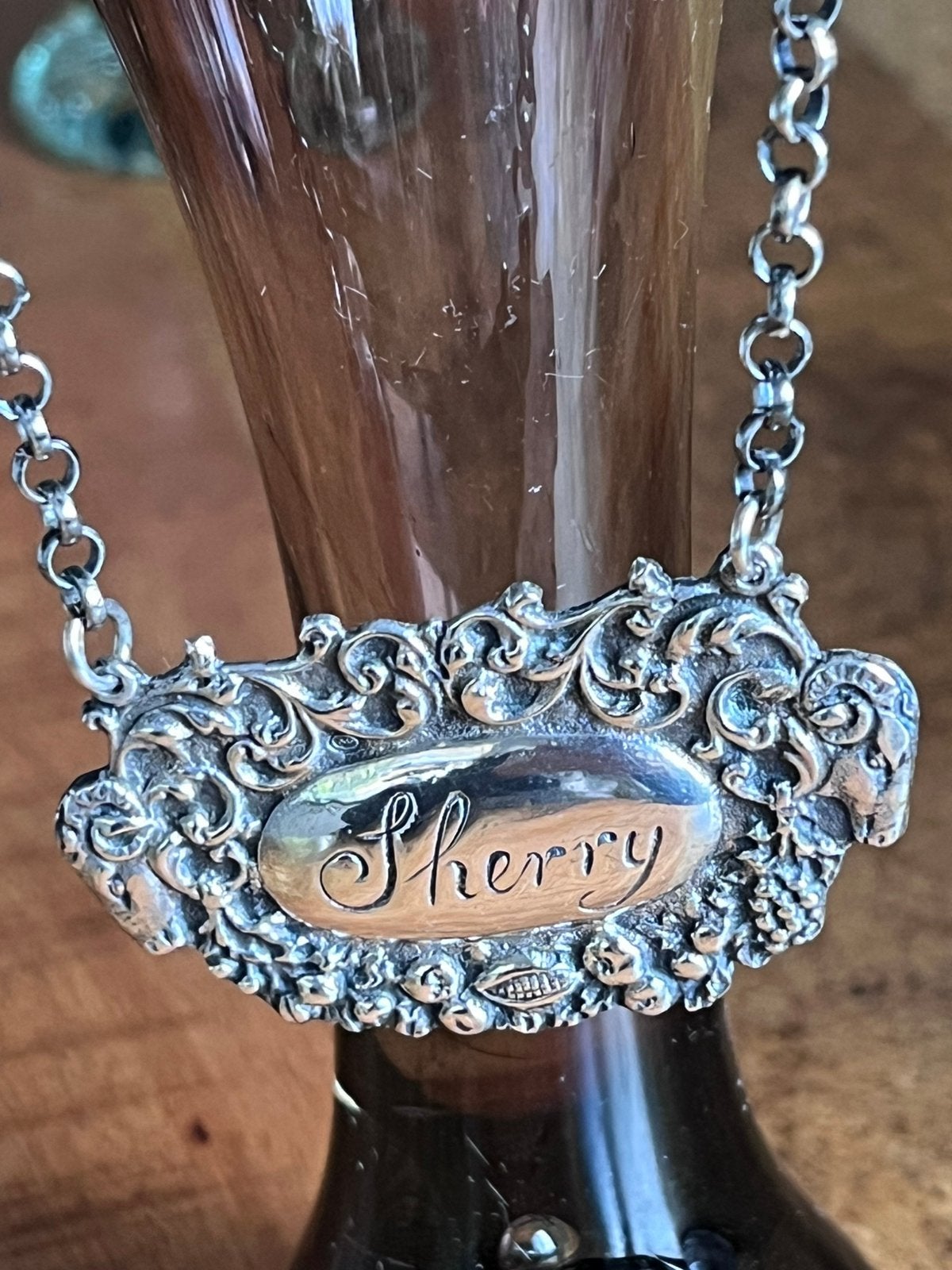 Antieke zilveren flessenhanger voor karaf Sherry, Ophalen of Verzenden