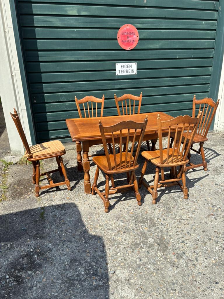 Eiken houten eetkamer tafel met 6 stoelen, Ophalen, Gebruikt, Vintage, 6 tot 8 stoelen