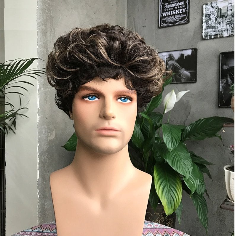 Bruine Ombre Krullen Heren Pruik Haarstuk Haarstukje Mannen, Verzenden, Nieuw, Pruik of Haarverlenging