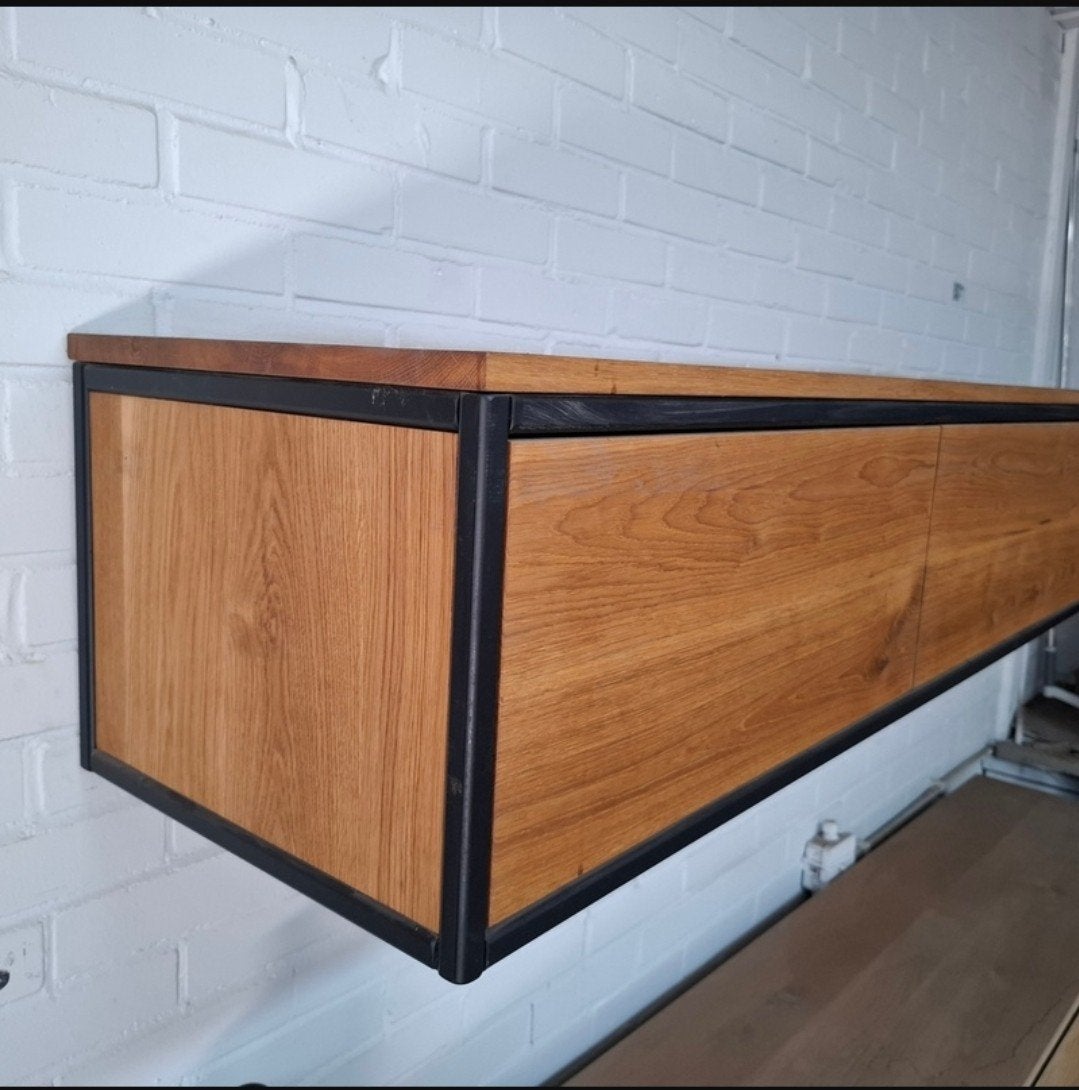 Maatwerk Eiken TV-meubel | Blauwstaal frame, Ophalen, Nieuw, Minder dan 100 cm, Eikenhout