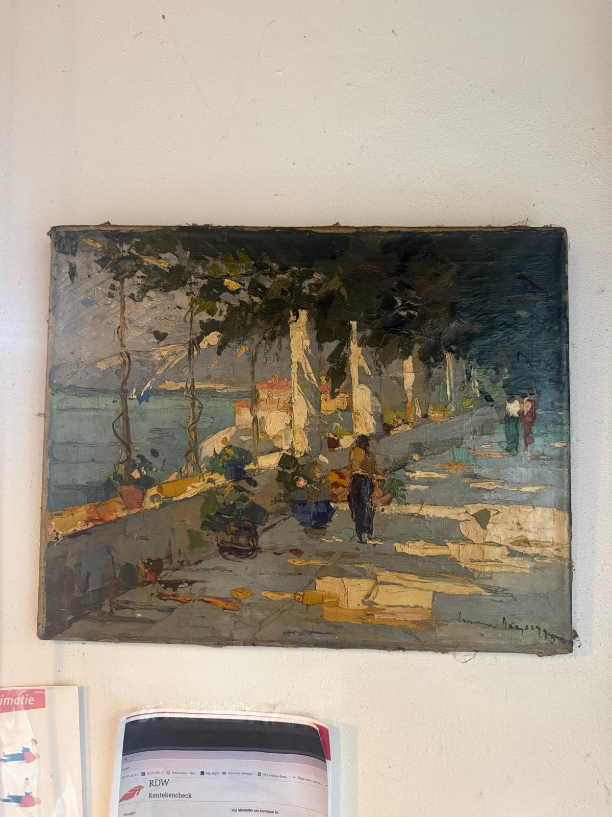 Impressionistisch schilderij van een boulevard aan het water, Doek, Impressionistisch, Ophalen of Verzenden, Gesigneerd