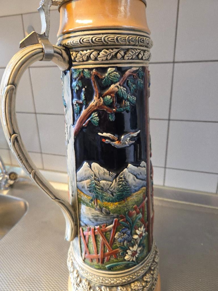 Vintage Duitse bierpul - met tinnen deksel - 100 jaar oud, Antiek en Kunst, Ophalen