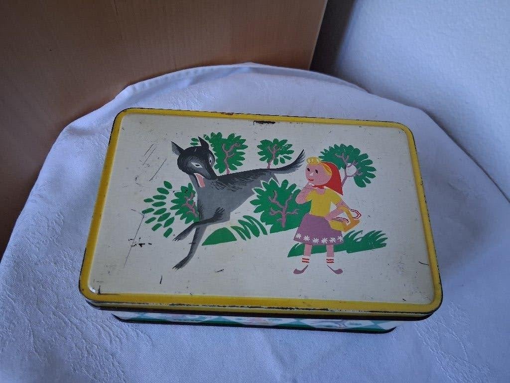 Vintage blikken trommel Roodkapje en de wolf *eureka*, Ophalen of Verzenden, Gebruikt, Overige, Bolletje