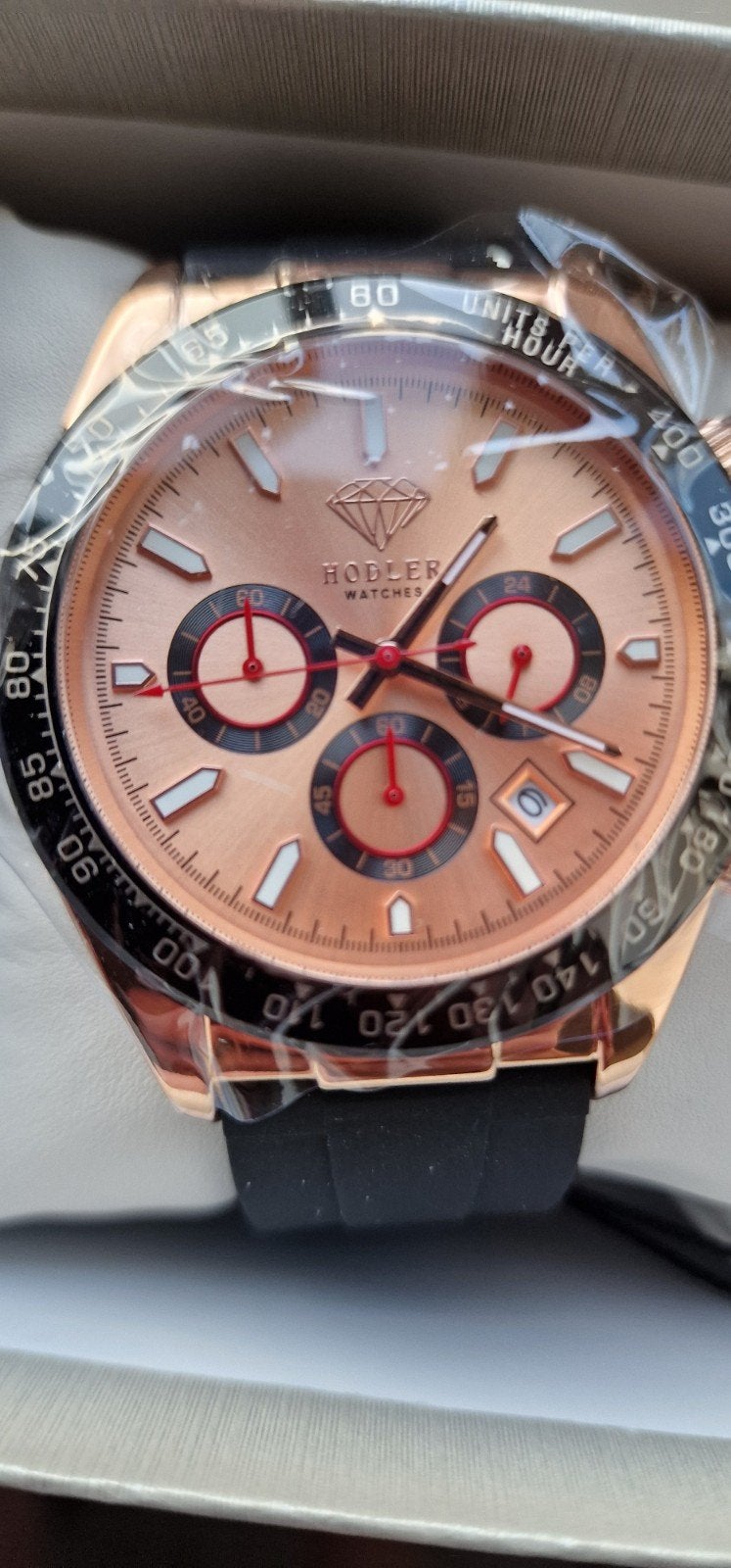 Hodler Horloge met Koperen Wijzerplaat en Zwarte Band, Overige merken, Overige materialen, Polshorloge, Overige materialen