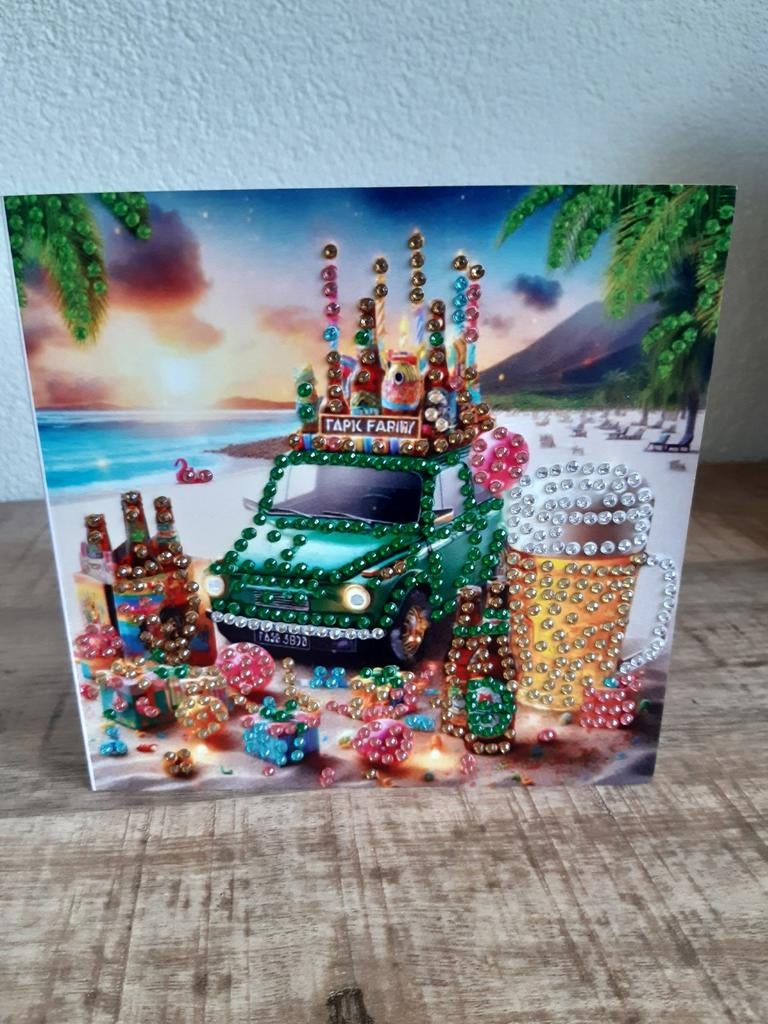 Diamond painting wenskaart met auto, glas bier en kadootjes, Ophalen of Verzenden, Zo goed als nieuw, Overige thema's