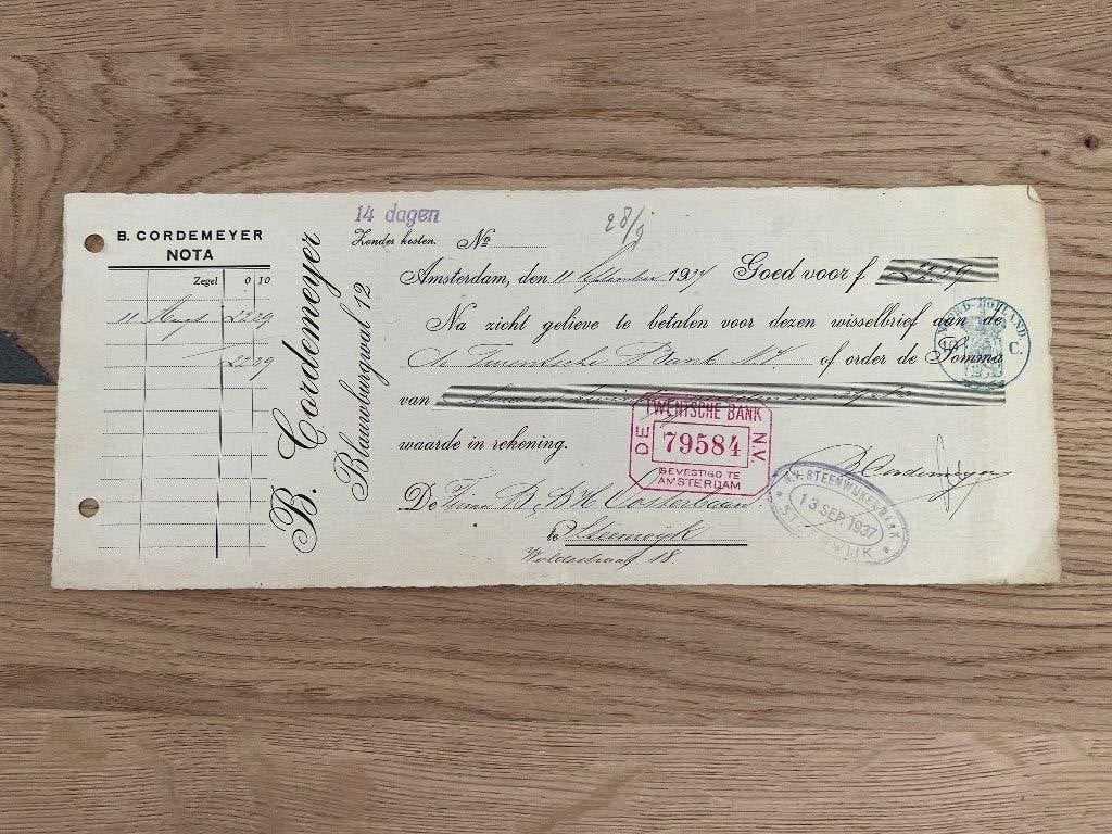 Wisselbrief: Amsterdam 1937, B Cordemeyer, Verzenden