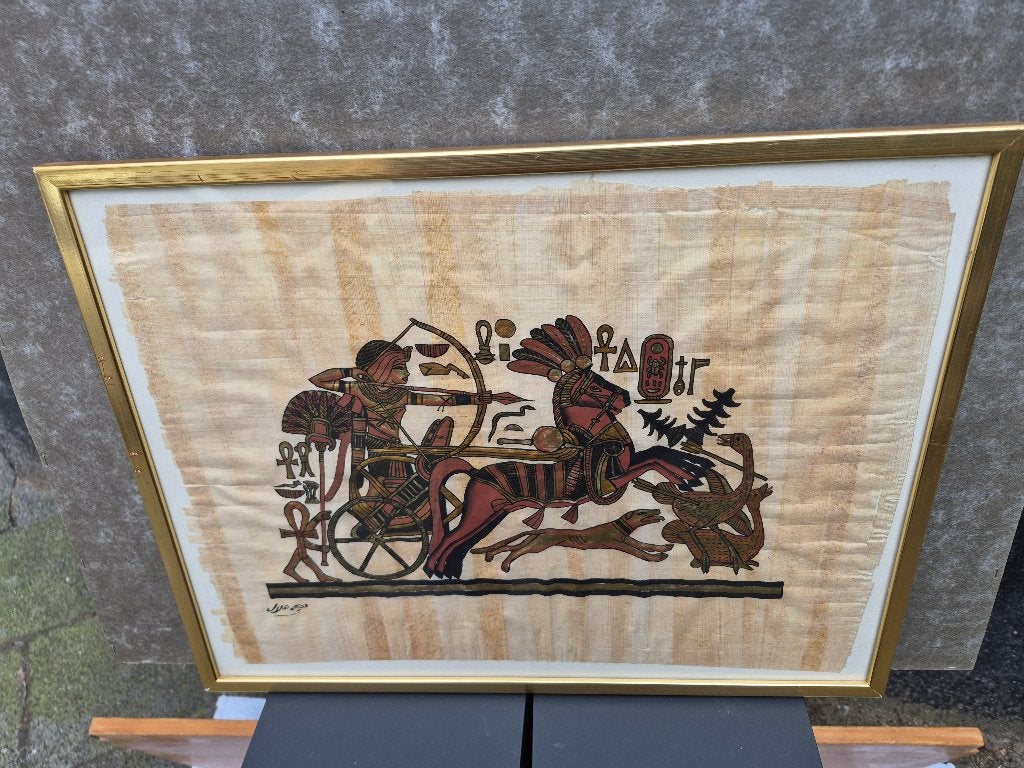 kunstwerk op Egyptisch papyrus dat een tafereel oude Egypte, Antiek en Kunst, Ophalen