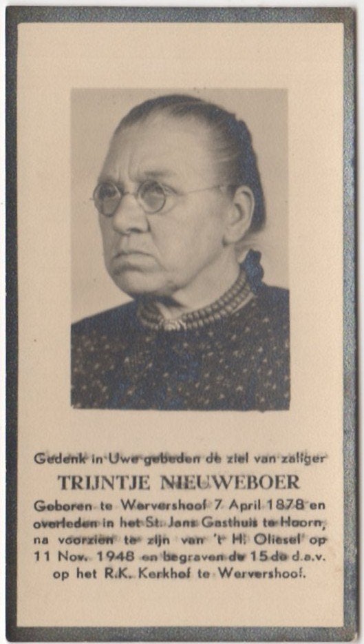 Trijntje Nieuweboer 1878 Wervershoof + 1948 Hoorn, 70 jaar, Verzamelen, Ophalen of Verzenden