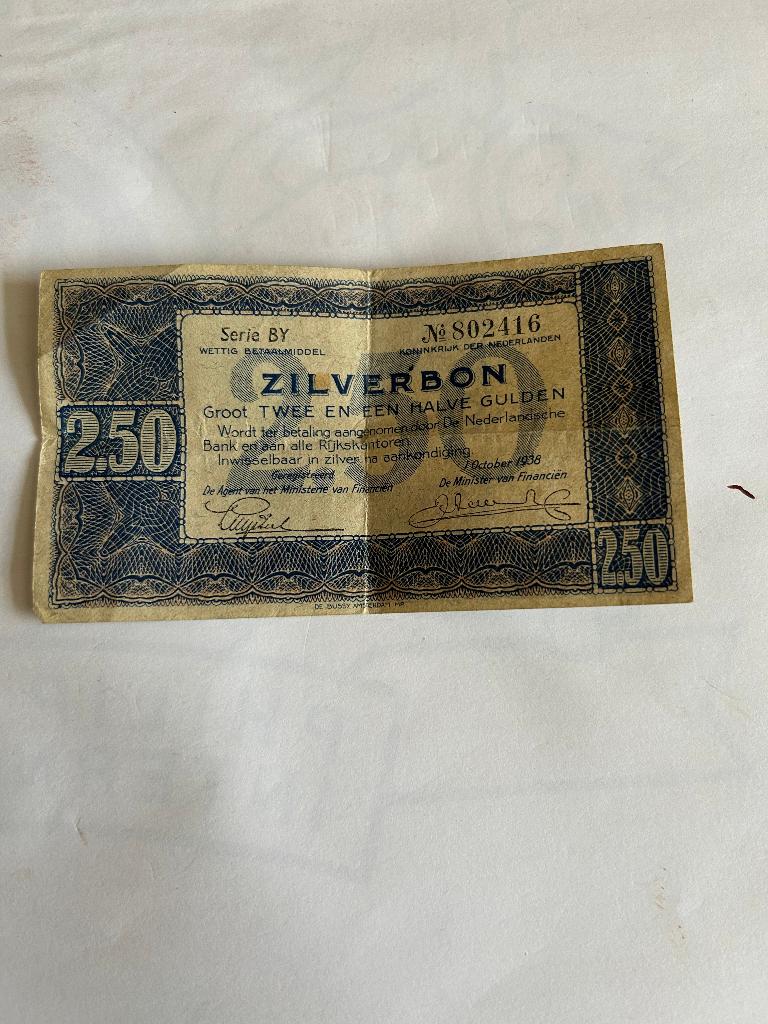 zilverbon uit 1938 groot 2,50 twee en een halve gulden, Ophalen of Verzenden, 2½ gulden, Los biljet